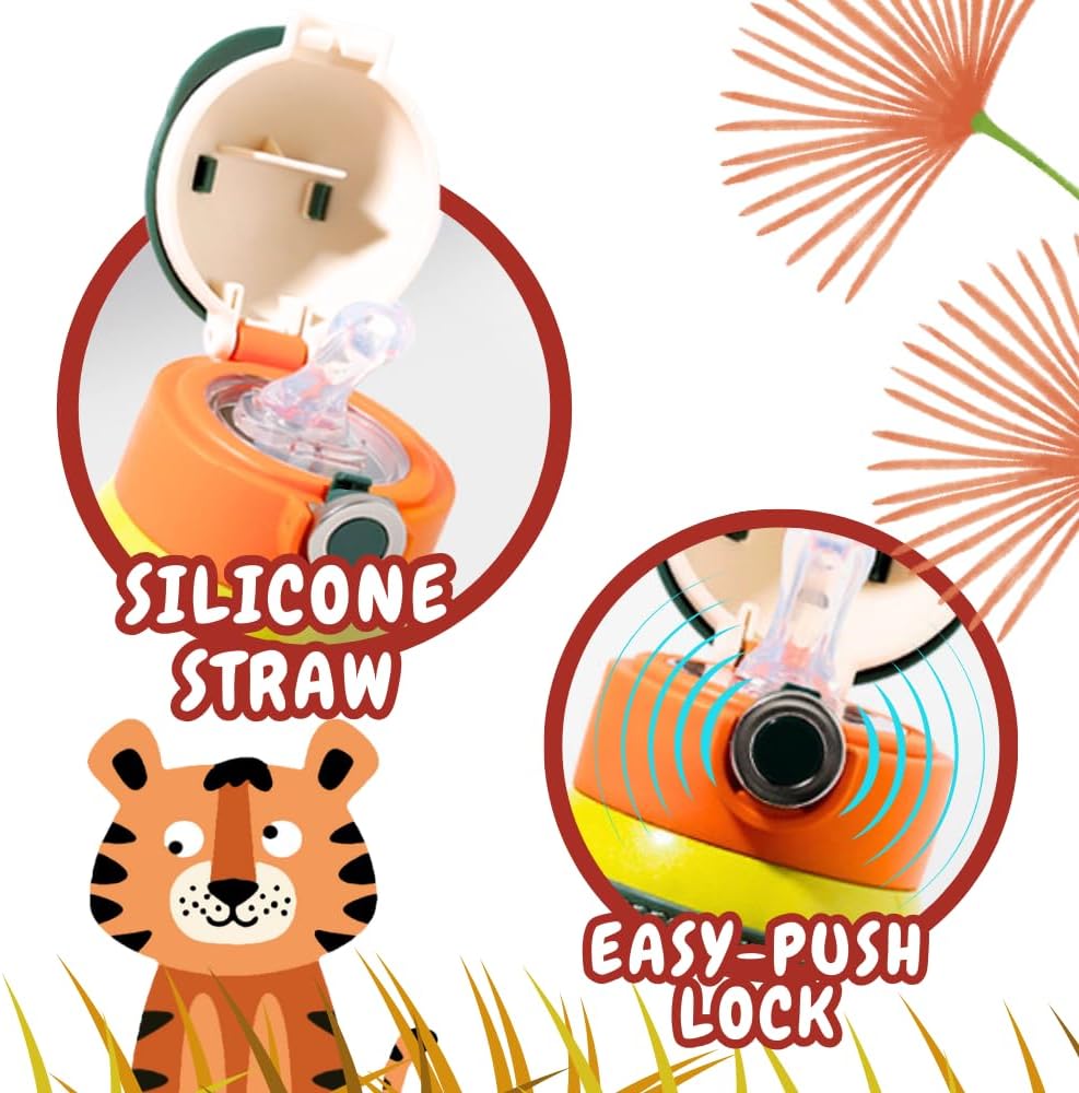 Cocosmile Tiger Kids Water Bottle - Easy Open Button & Carrying Lanyard with Zipper Pouch - Kids Water Bottles for School Boys Girls, Stainless-Steel Thermal Water Bottle, BPA Free (With Straw)