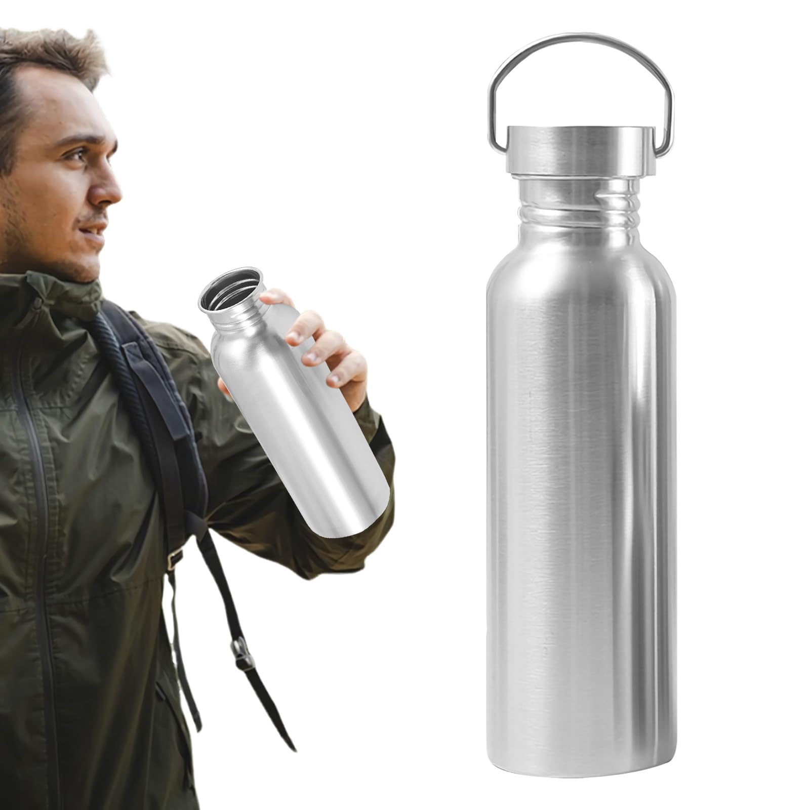 Upgrade Stainless Steel Water Bottle,Portable Single Wall Metal Water Bottles with Handle Loop,Wide Mouth, Leak Proof, BPA Free,Lightweight outdoor Sports Camping Bike Cycling Kettle Cup (A, 750ML)