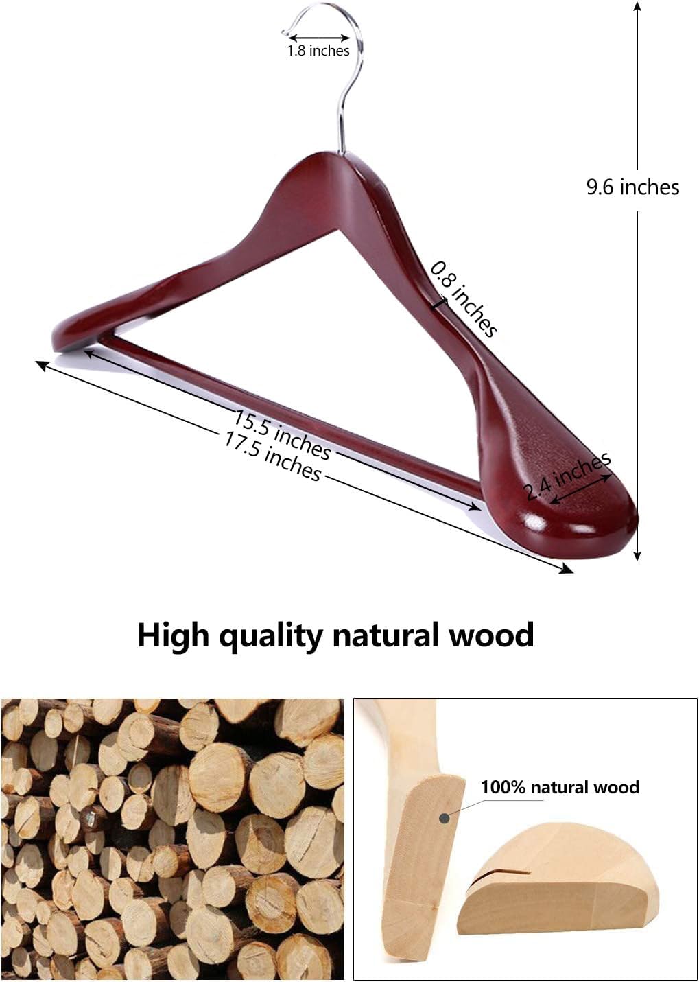 12 Pack Wide Shoulder Wooden Hangers, Suit Hangers with Non Slip Pants Bar, Smooth Finish 360° Swivel Hook Solid Wood Coat Hangers for Dress, Jacket, Pants, Heavy Clothes Hangers (Vintage 12PCS) - Image 2