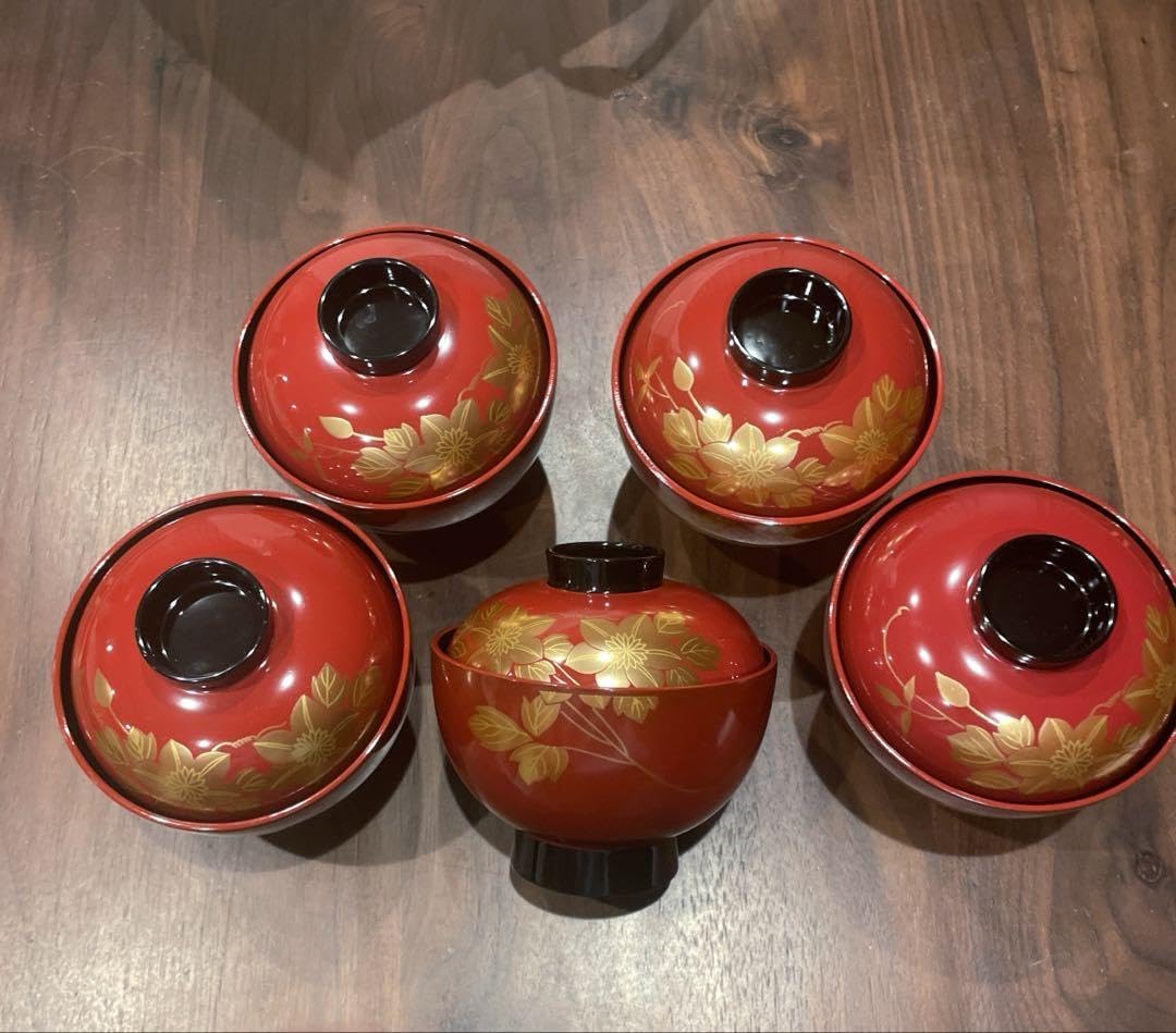 Amazon.co.jp: 会津塗 乙造作 金彩蒔絵花文様 蓋付きお吸い物椀 5客