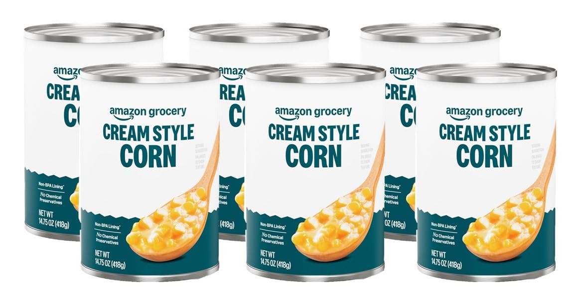 Amazon Grocery Cream Style Corn, 14.75 oz Cans (Pack of 6) - Preservative-Free, Vegan Friendly Sweet Corn