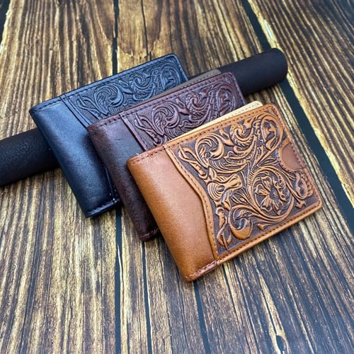 Minimalist Longhorn Floral Embossed Full Grain Leather Wallets for Men Western Cowboy Genuine Leather Short Bifold Wallets With 11 Slots,Gift For Men Husband (Black)3
