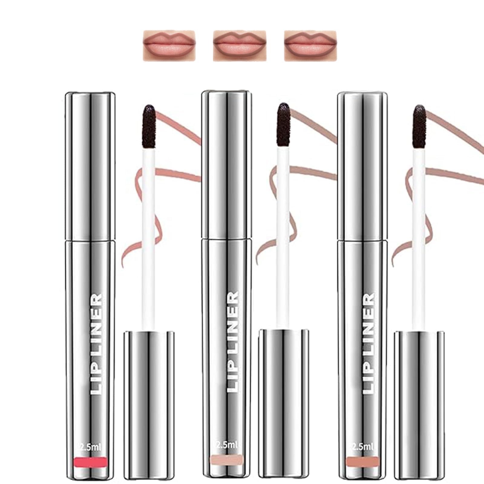 Liquid Lip Liner Set - Three Long-Lasting Shades, Fine Tapered Brush for Precise Application, Coral Pink, Nude Beige and Terracotta Brown, Waterproof Matte Finish Lip Stain for Women Natural Makeup