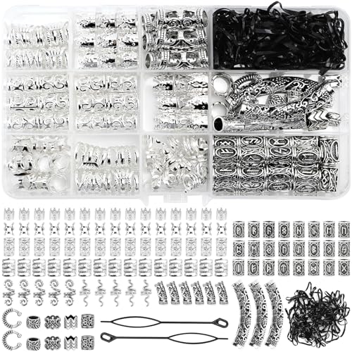 SANOU Bartperlen Wikinger Haarperlen 219 Stück Bartperle Dreadlocks Schmuck Bartschmuck Runenperlen Set Wikinger für Haar Bart Schmuck DIY Halskette Anhänger