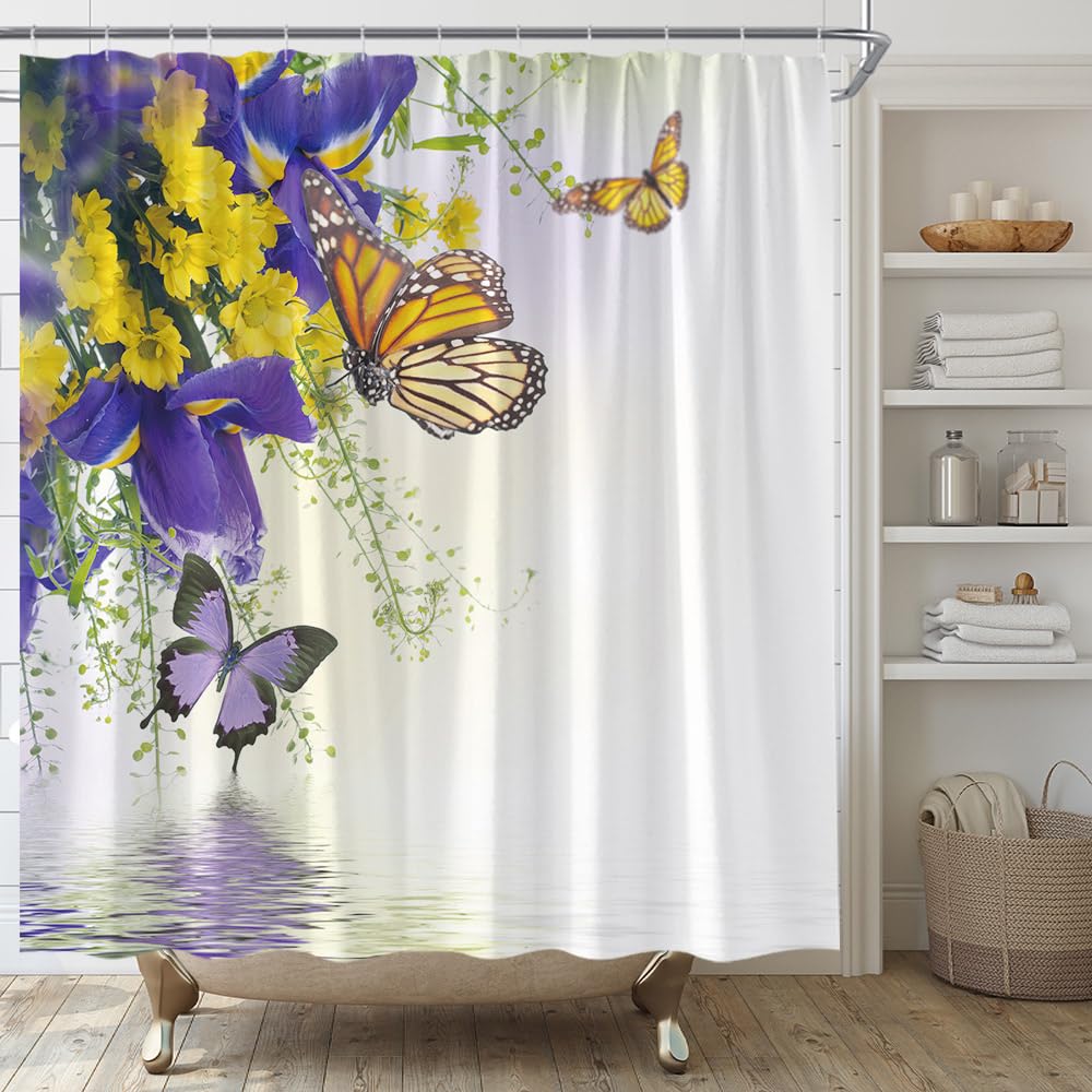 EOBTAIN Zen Duschvorhang – Wasserlilien & Schmetterlinge, Wasserdicht, 152x184 Cm, Mit 10 Haken