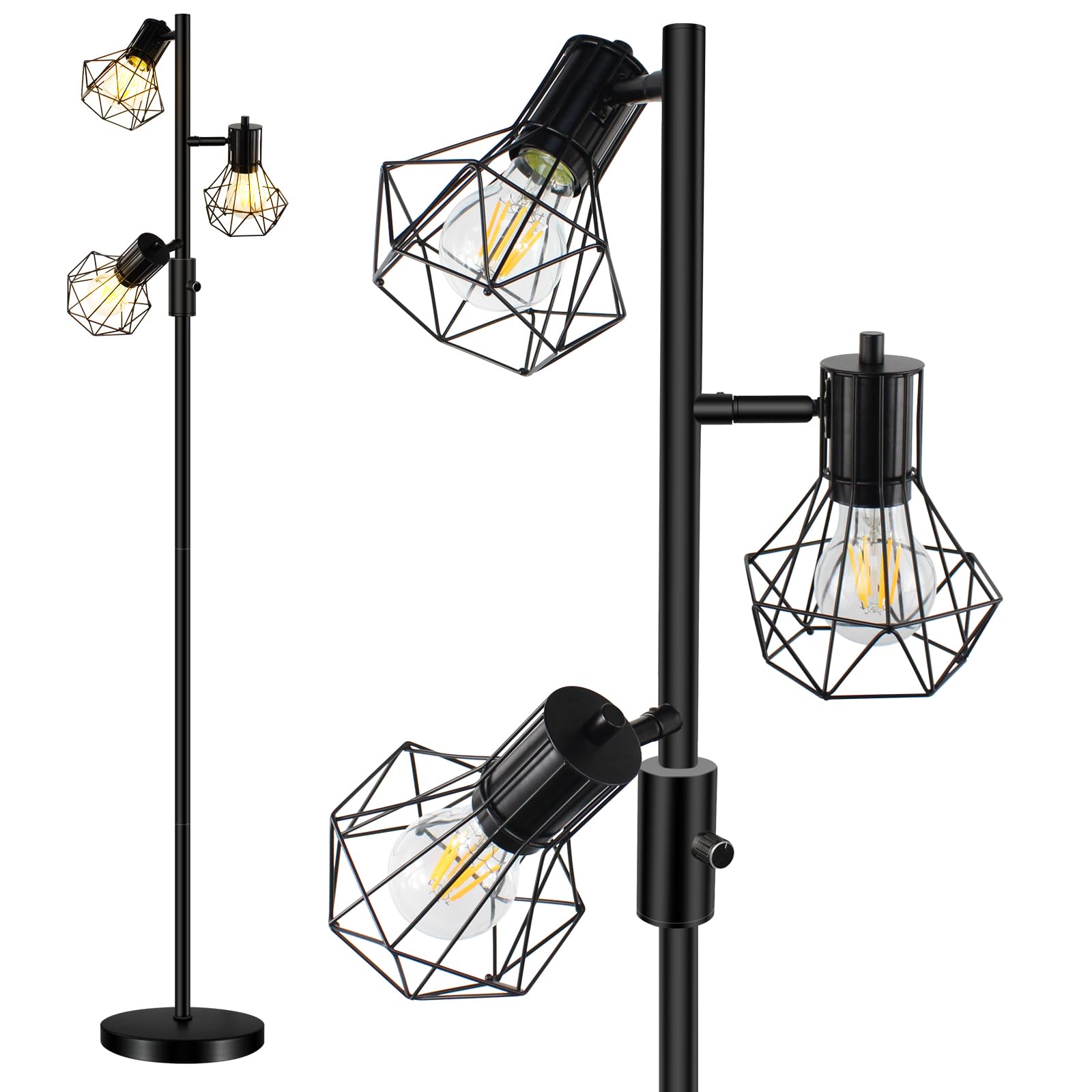 HiBay LED Stehlampe Dimmbar,Industrial Rustikale Stehleuchte 3 Flammig Schwarz Standlampe mit 3x8W 800LM E27 Lampe Leselampe für Wohnzimmer, Schlafzimmer, Büro