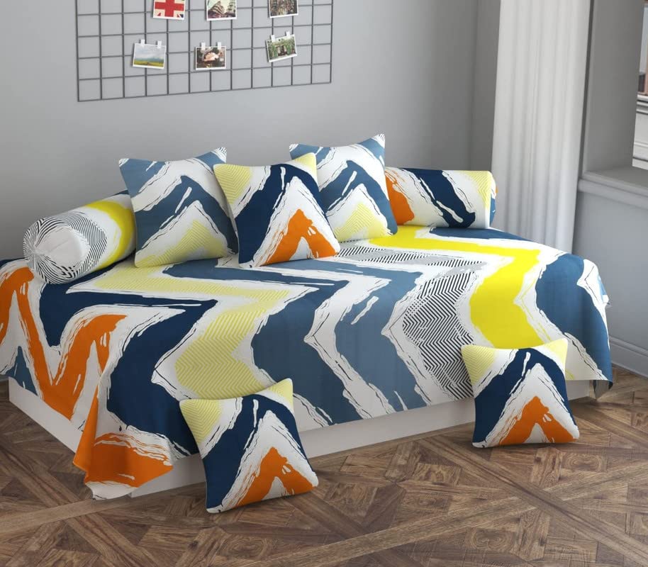 NEW LEAF DiwanSet for Living Room, DiwanSet Covers Glace Cotton, DiwanSet 8 Pieces (1 Single Bedsheet, 5 Cushion Covers, 2 Bolster Covers) (Color-Yellow Blue & Green), Standard-image-47
