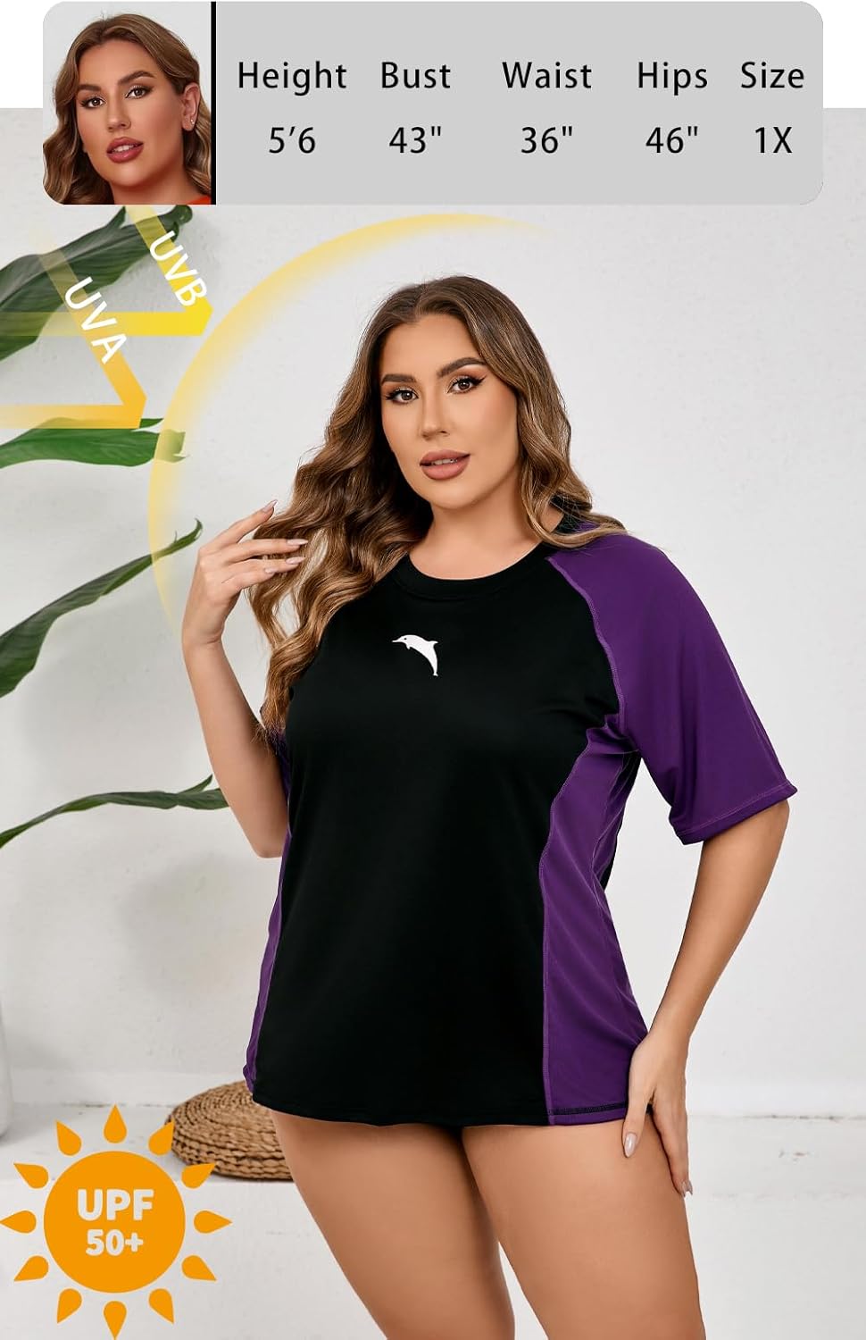 Halcurt Women's Plus Size Short Sleeve Rash Guard Swim Shirt with Built in Bra UPF50+ Lightweigt Swimsuit Top - Image 4