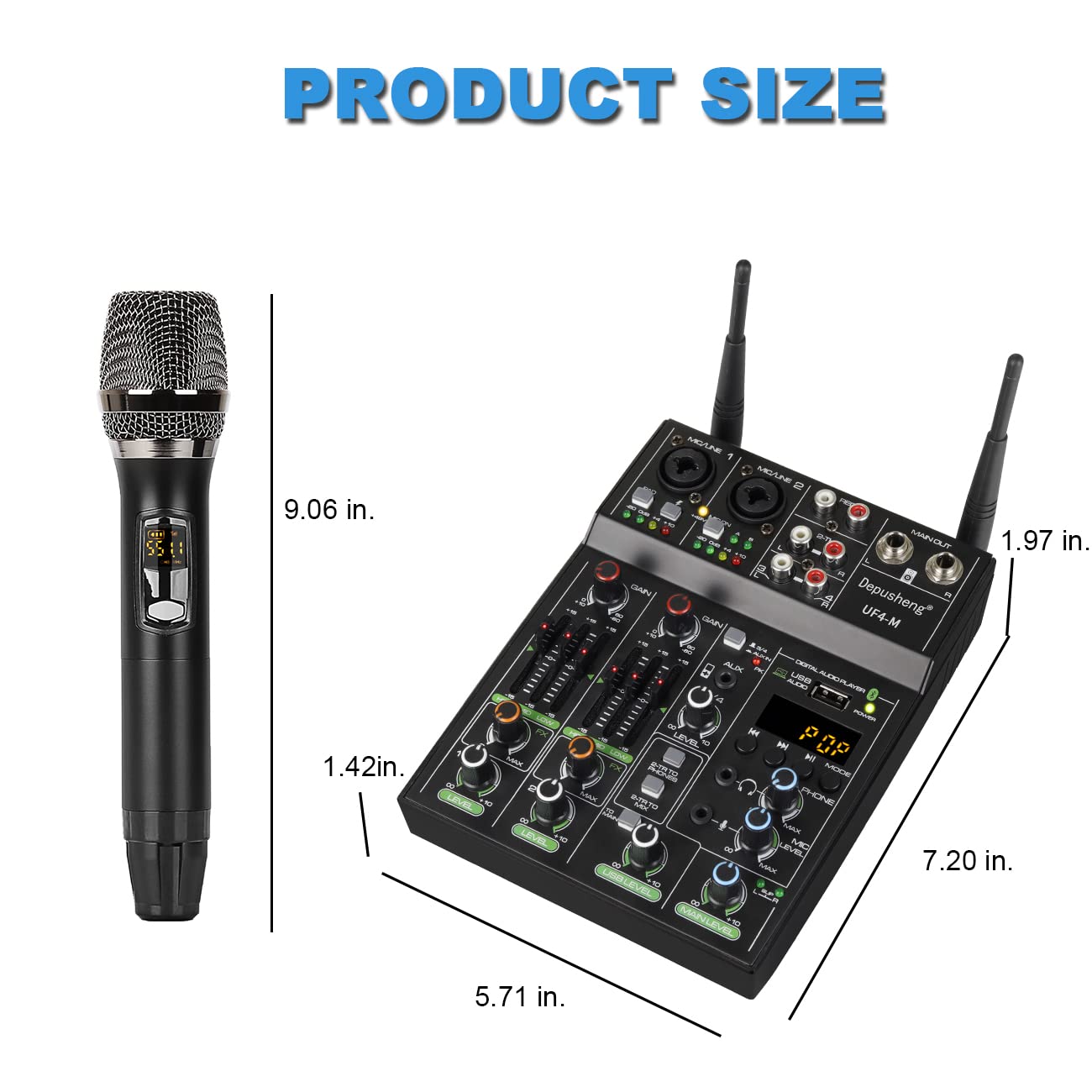 Depusheng UF4-M Consola de mezcla de DJ portátil profesional con Bluetooth de 4 canales con micrófono inalámbrico, mezcladora para grabación de estudio, karaoke y fiesta