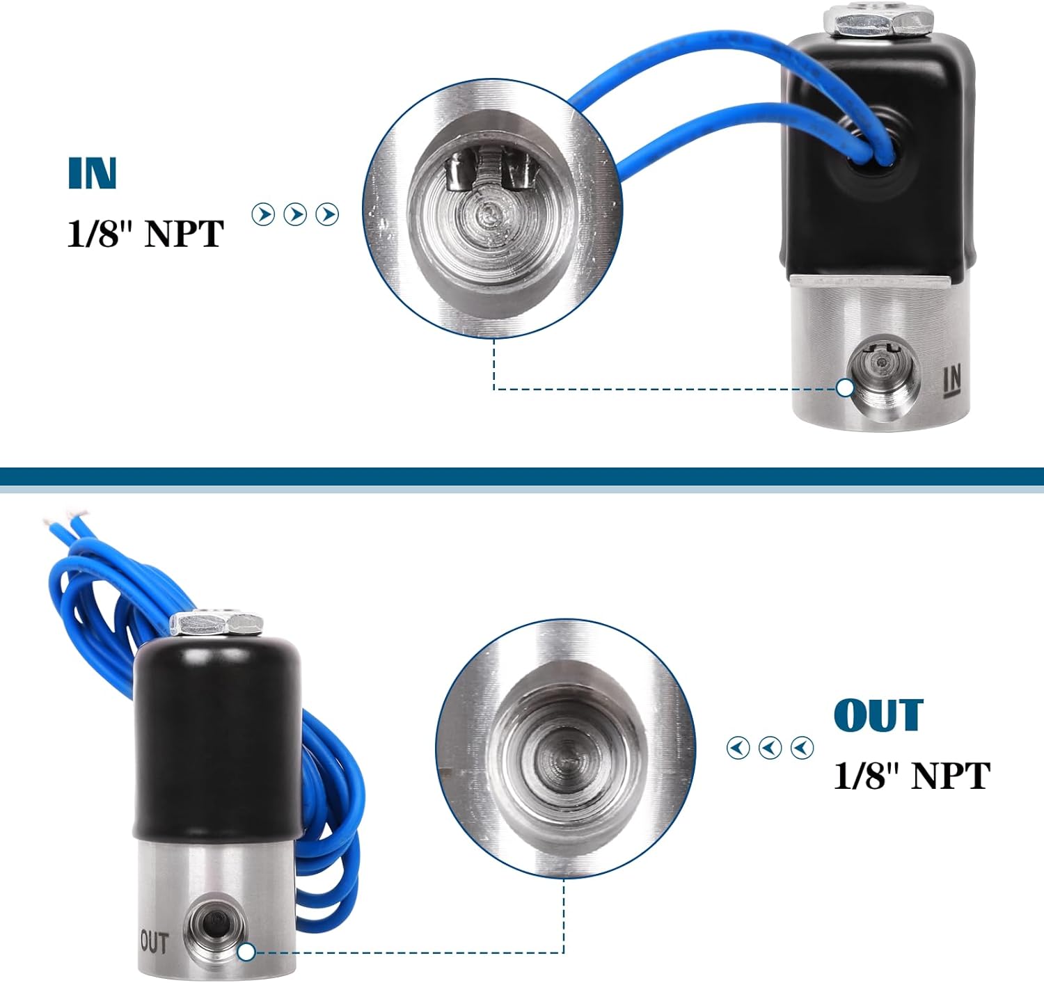 1/8" NPT Stainless Steel Electric Solenoid Valve for Nitrogen Gas，12V DC, 1250 PSI (8.5MPa) Working Pressure, 0.078" (1.98mm) Orifice, PTFE Sealed, Blue Wires, 2-Way Normally Closed