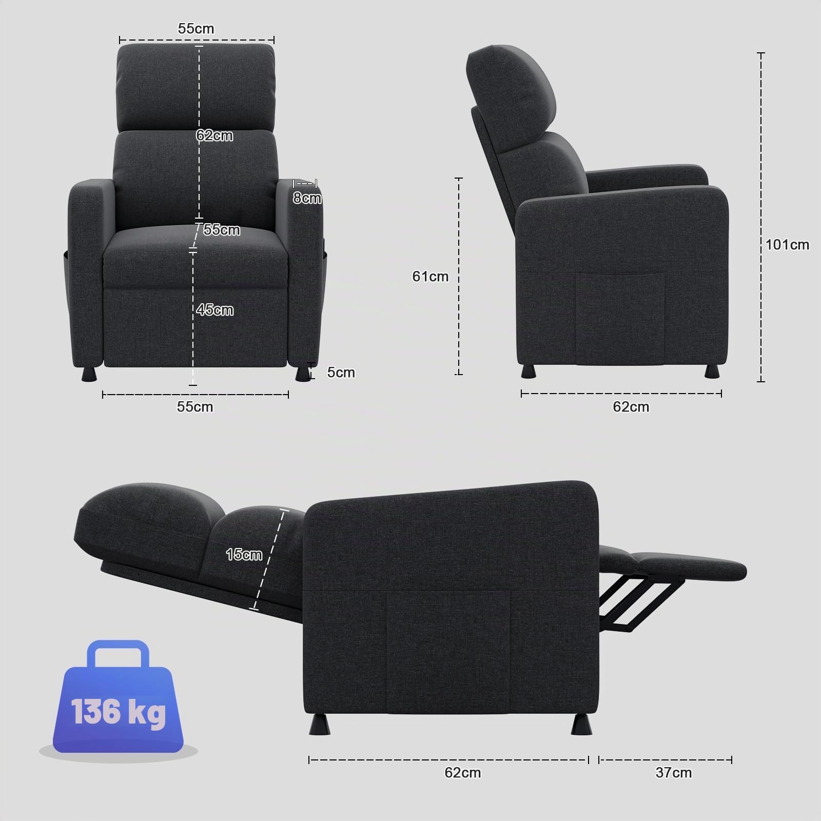 JUMMICO Poltrona di Relax Elettrica Reclinabile con Schienale Regolabile, Poltrona TV, per Camera, Soggiorno e Home Cinema, in materiale lino