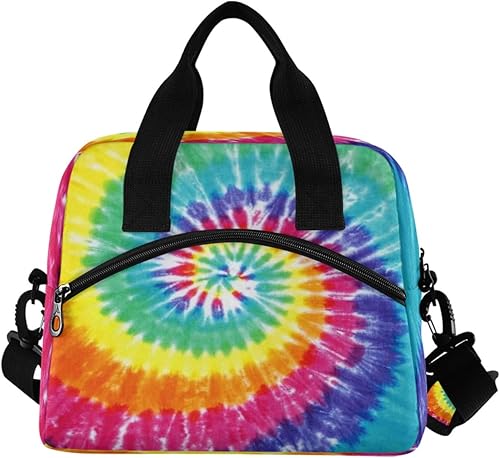 Lonchera con diseño de teñido anudado, bolsa de almuerzo con espiral de arco iris, kit de bolsa de almuerzo congelable, enfriador térmico para