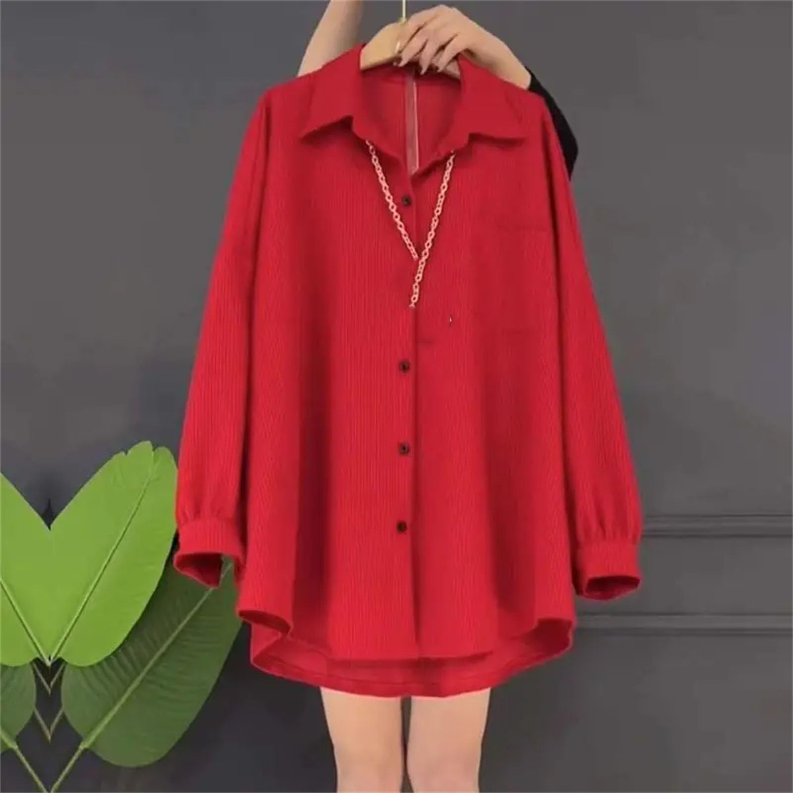Blusa holgada de color sólido para mujer, con bolsillos, informal, con solapa de un solo botonadura