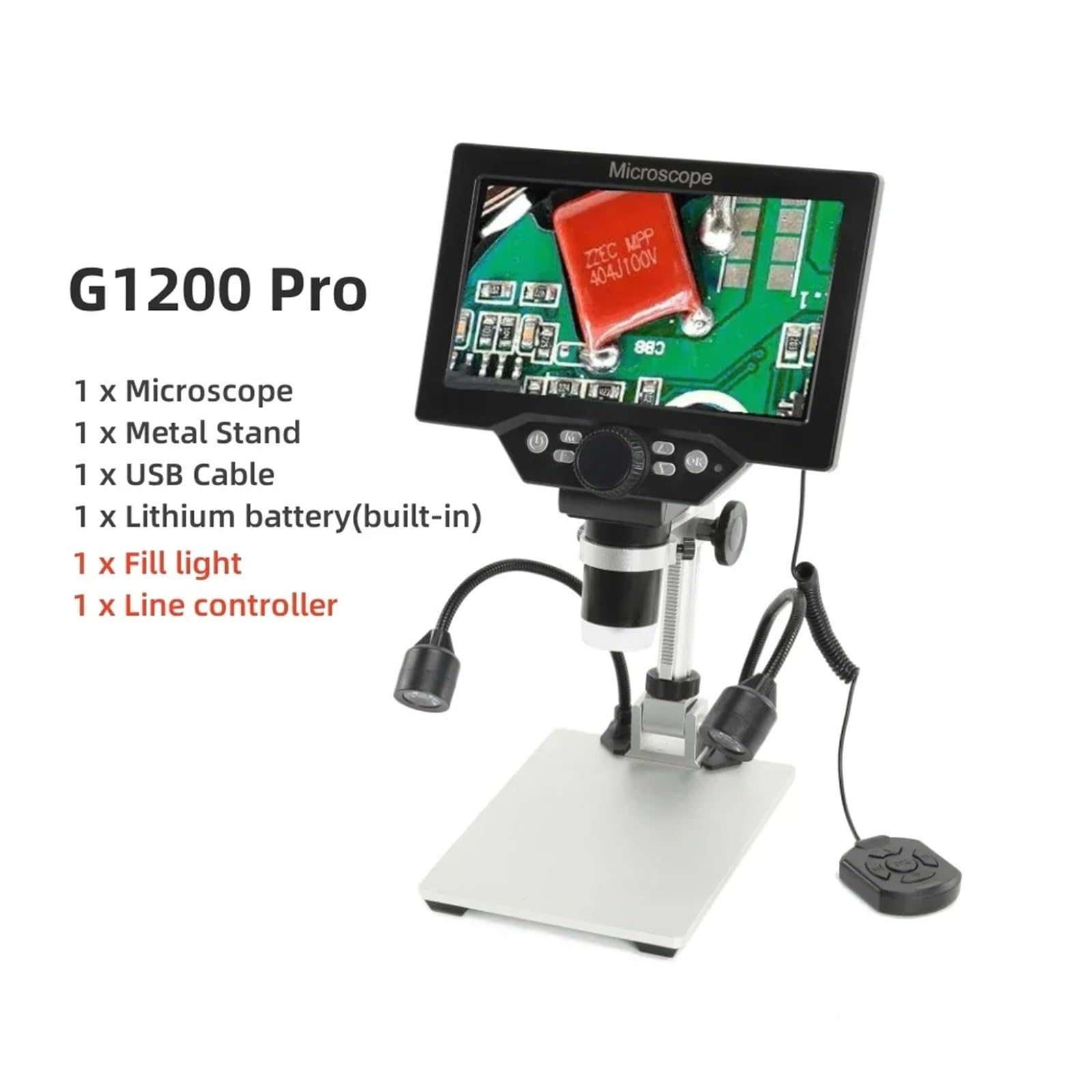Microscopio Digital G1200 de 7 Pulgadas, Zoom Continuo 1200x, HD, 12 MP, Soporte Ajustable, batería integrada y Lupa