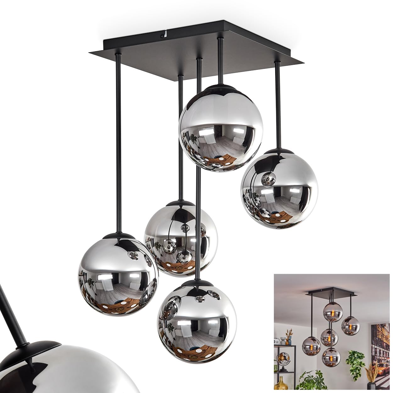 Hofstein Light/Black Ceiling Gastor, Ceiling Lamp Made Of Metal/Glass In Black/Chrome/Smoke Colours, Luminaire In A Modern Retro/Vintage Design With Glass Shades (Ø 15Cm), 5 X E14, Without Bulbs