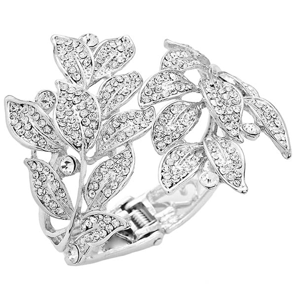 HW Collection Leaf Bracelet Hinge Cuff Bangle Bracelet Fashion Jewelry Women Rhinestone Leaves