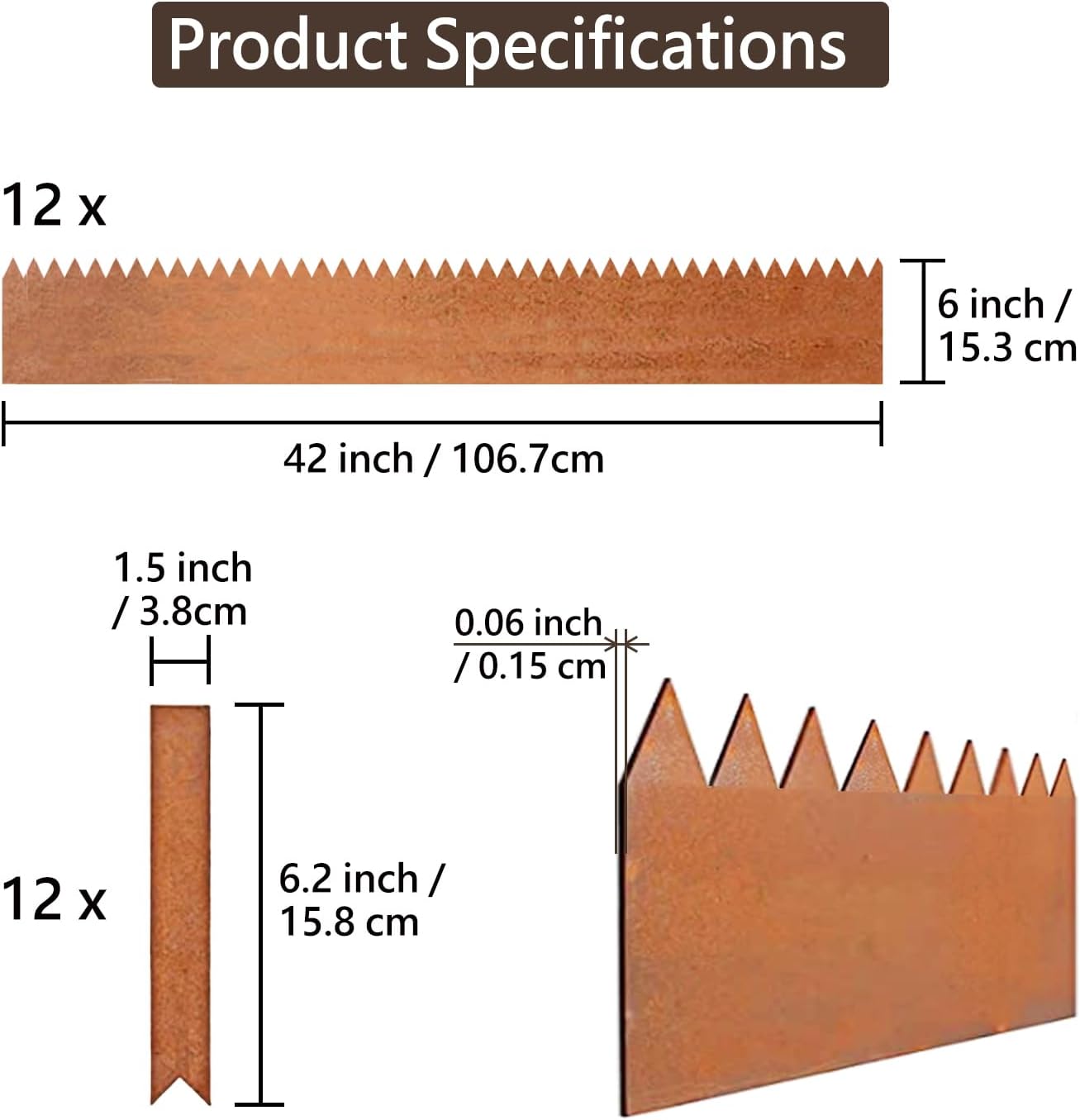 Cor-Ten Steel Landscape Edging with Rust Patina Finish, Pre-Rusted Cor-Ten Steel Landscape Edging, 42 inch Strips, 6 inch Depth (12 Pack)