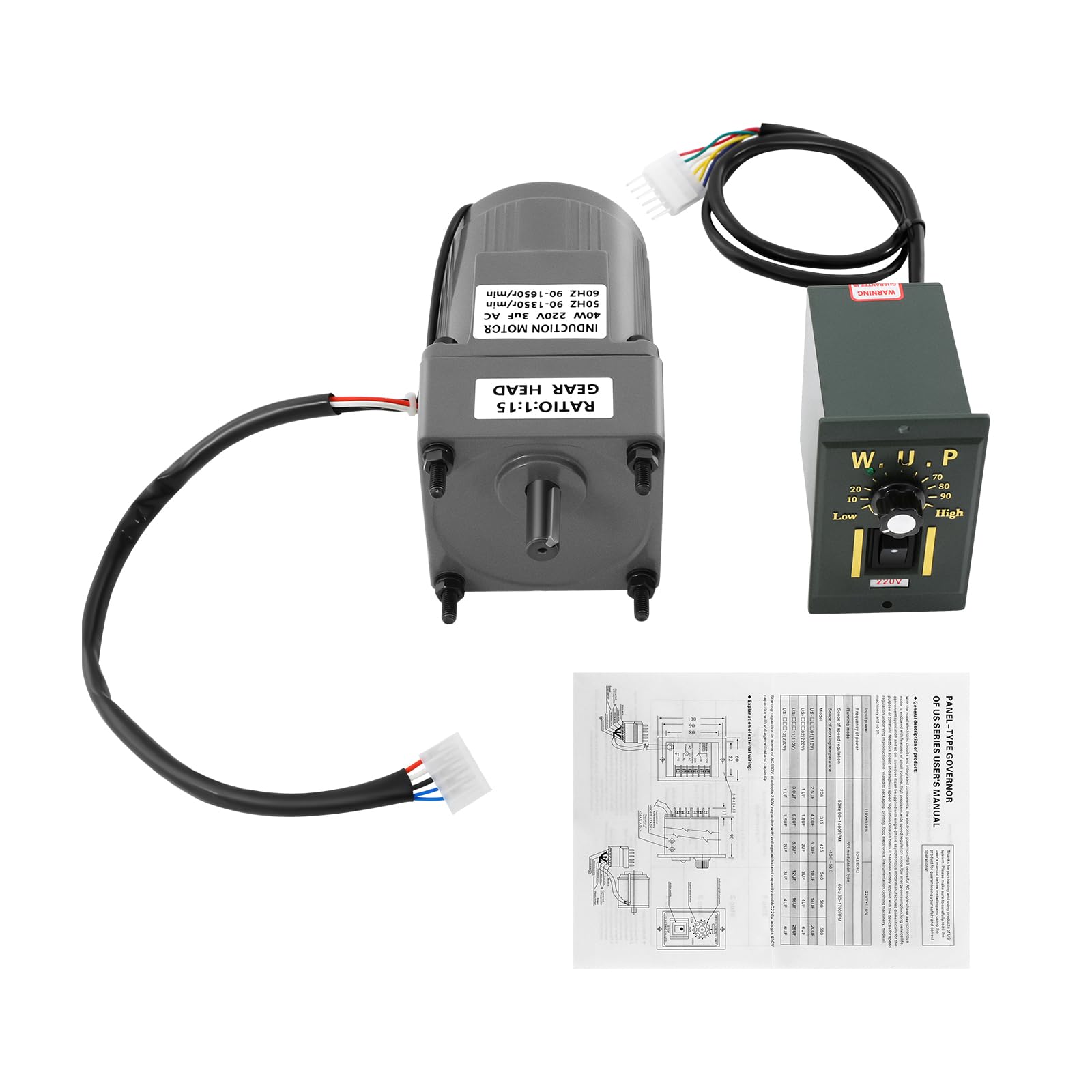 Motor eléctrico de engranaje 40W 15K, Motor Regulable en Continuo 0-90 RPM, Monofásico con Controlador de Velocidad Motor de Engranajes, Alto par Ajustable Regulador de Velocidad
