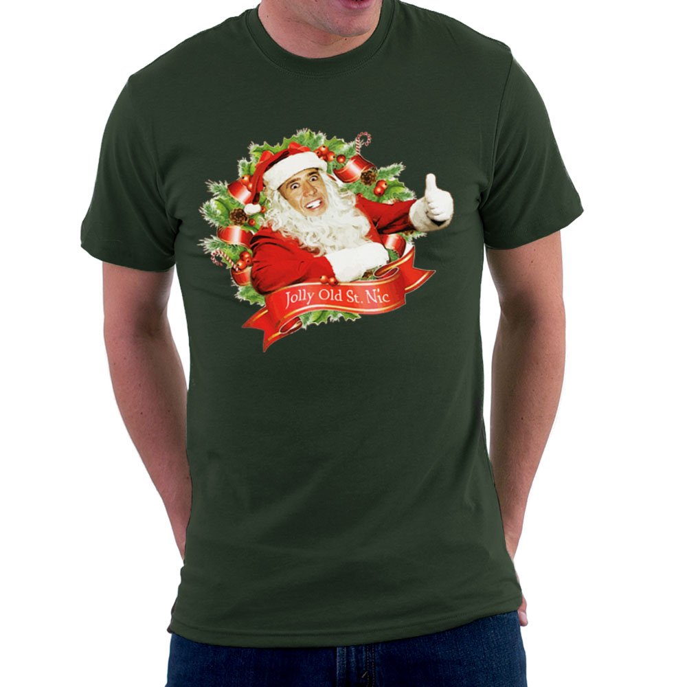 Cloud City 7 Men's Bottle Green Nicolas Cage Christmas Jolly Old Saint Nic T-Shirt