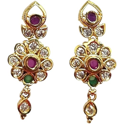Gold-plated Floral Dangler Earrings with Ruby & Emerald