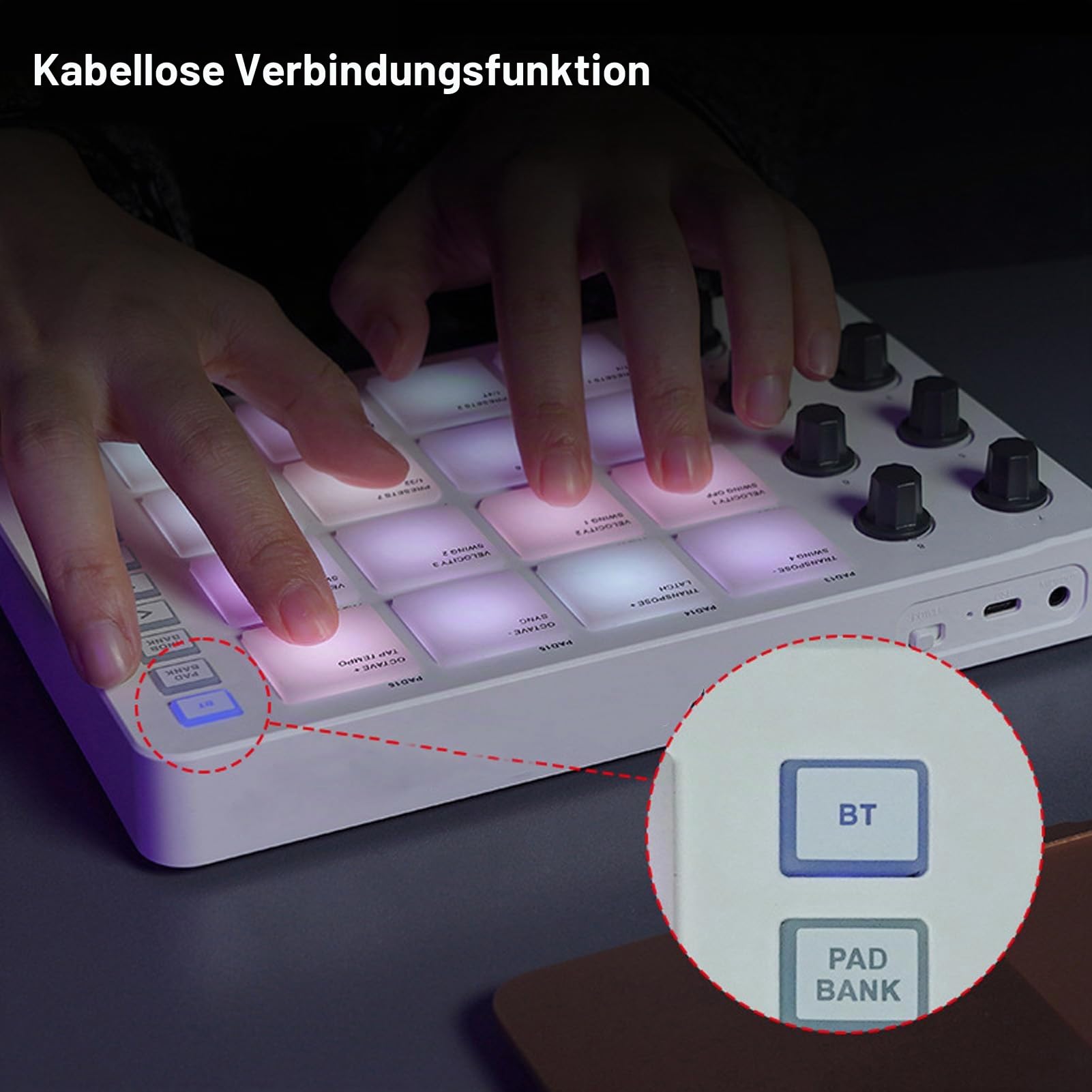 Drahtloser MIDI Pad Controller mit 16 RGB Anschlagdynamik Pads | 8 zuweisbare Drehregler Bluetooth Verbindung USB MIDI Ausgang Typ C Studio Bühne