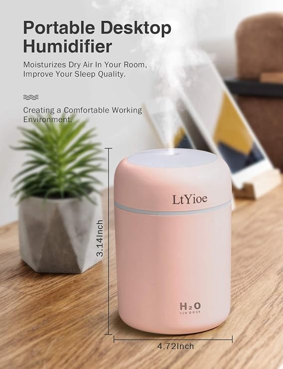 LtYioe Humidifier Portable Mini Humidifiers for Bedroom, Personal Desktop Air Humidifier with Colorful Cycling Light, 2 Mist Modes and Auto Shut-Off, Super Quite for Office Home Car(Pink)
