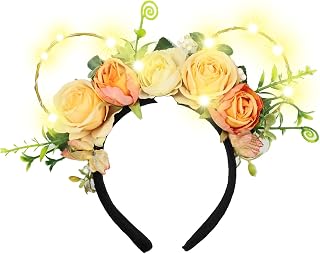 LED Mouse Ear with Flowers Headband, Light Up Flashing Woodland Elf Fairy Festival Headband for Women Girls