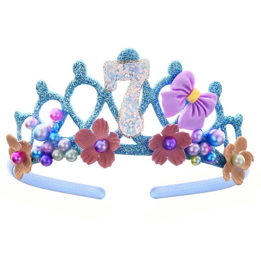7th Birthday Crown for Girls, Birthday Headband Tiara Decoration with Bow for 7 Year Old