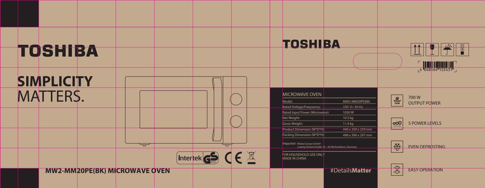 Toshiba MW2-MM20PE(BK) Freistehend Mikrowelle 20L 700W 5 Leistungsstufen Auftaufunktion LED-Beleuchtung Schwarz