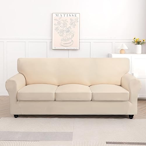 Miniatura 5 de SearchI Funda elástica para sofá, funda de sofá de 4 piezas con 3 fundas de cojín separadas, protector de muebles lavable para sala de estar (sofá,
