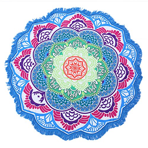 Lucky Shop1234 Large Round Lotus Flower Mandala Tapestry Beach Towel & Blanket Table Cloth Fringe Tassel Beach Blanket Yoga Mat (Blue-1)