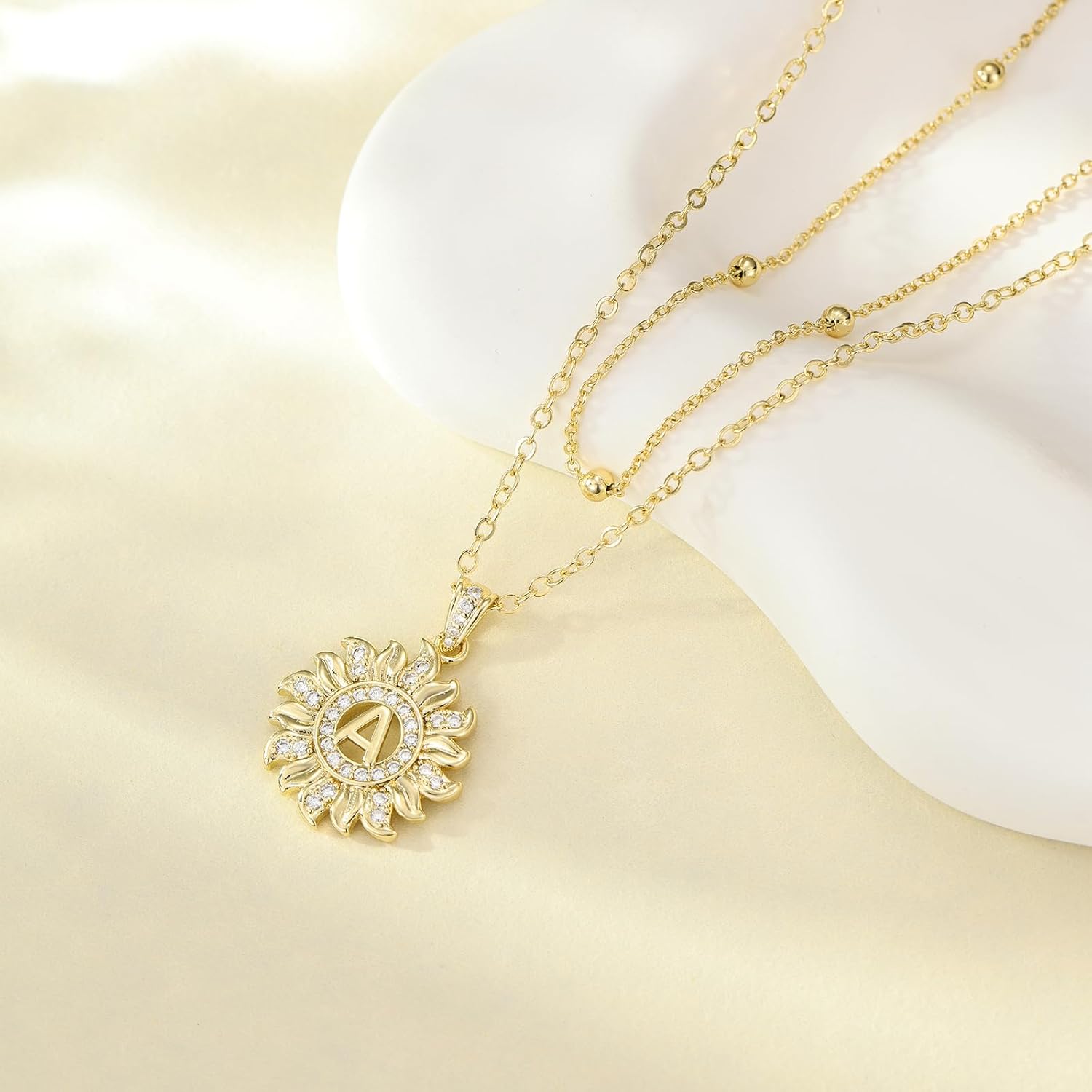 Sunflower Initial Necklace for Women Trendy,14k Gold Plated Dainty Layered Letter Pendant Necklaces and Bead Chain Zirconia Round Flower Alphabets Jewelry Gifts for Her - Image 8