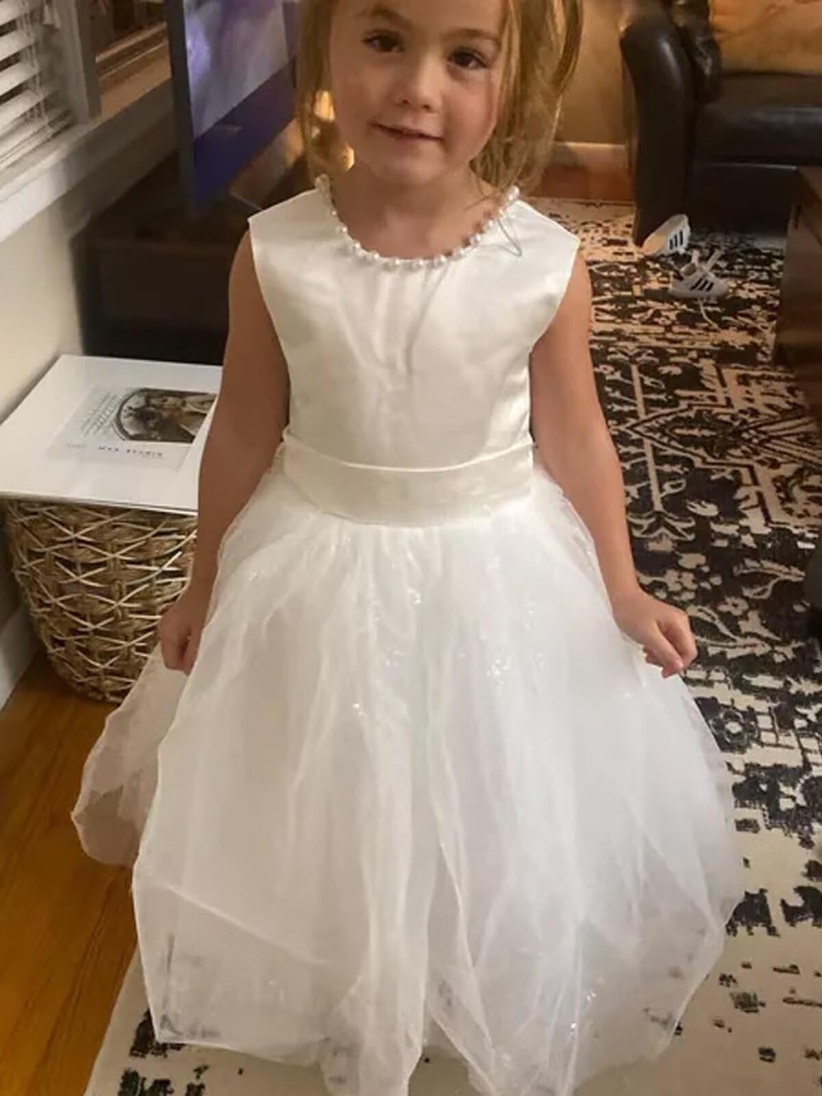 Vestido de tul con purpurina para niña, espalda en V, vestido de fiesta con perlas, vestido de princesa de longitud completa con nudo de lazo, Dorado, 4