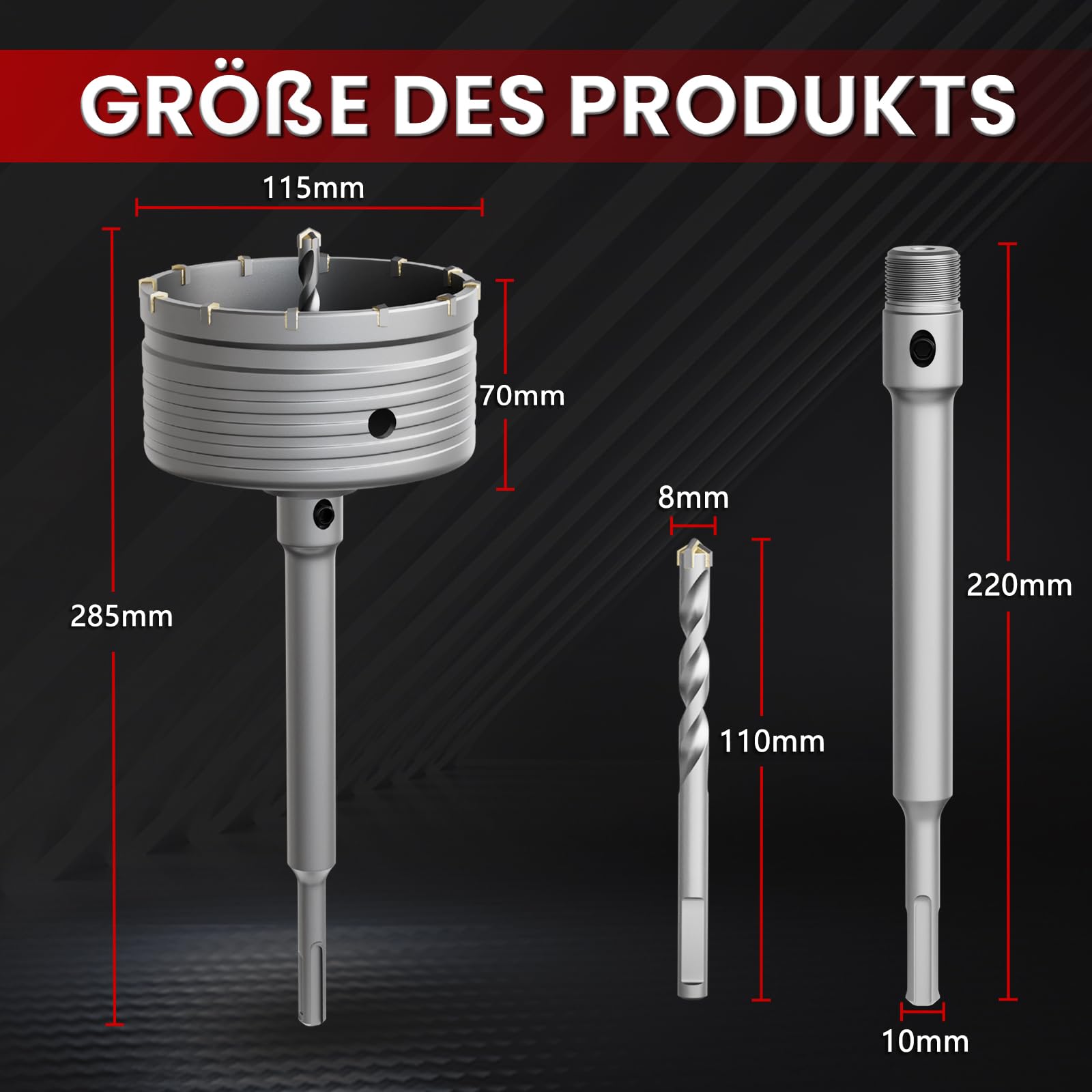 CSOOM Otwornica do betonu 115 mm z przedłużeniem SDS-Plus 220 mm, zestaw otwornic do betonu, 4 x wiertło centrujące 8 x 110 mm, końcówka z twardego metalu, 2 x wiertło centrujące