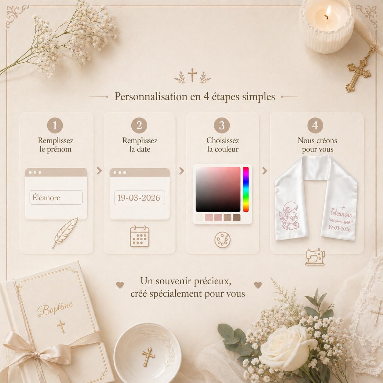 XIAOMA Écharpe de Baptême Personnalisée Enfant, Écharpe Communion Brodée Prénom et Date, Écharpe Blanche Satin Ange ou Croix, Cadeau Baptême Fille Garçon avec Coffret Cadeau, Personnalisation 48h