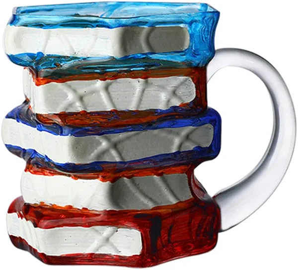 Handmade Glass Book Coffee Mug, 11oz, Stackable 3D Design, Blue and Amber Colored (Colorful#1, Large)
