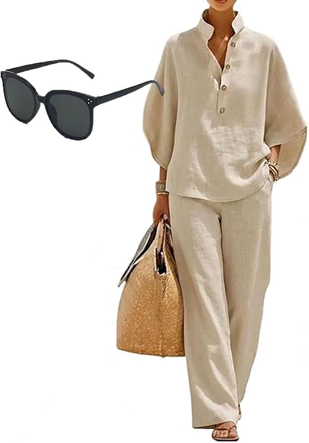 Women's Batwing Sleeve Linen Cotton Two-Piece Set, Casual Shirt & Wide Leg Pants Outfit, with Sunglasses