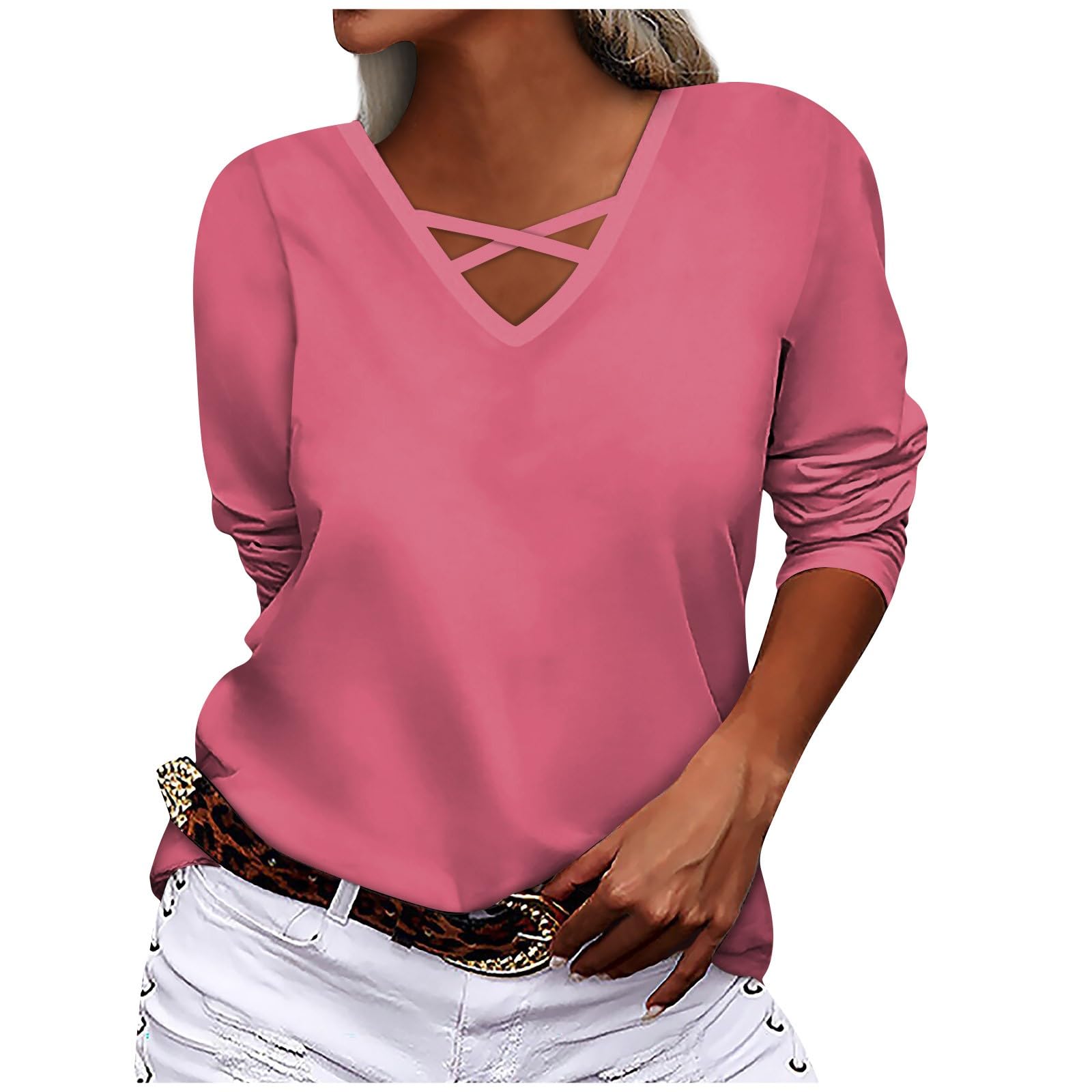 Going Out Tops for Women, Womens Cross V Neck Tunics Tops Fall Long Sleeve Loose Fit Casual Pullover Shirts Blouses