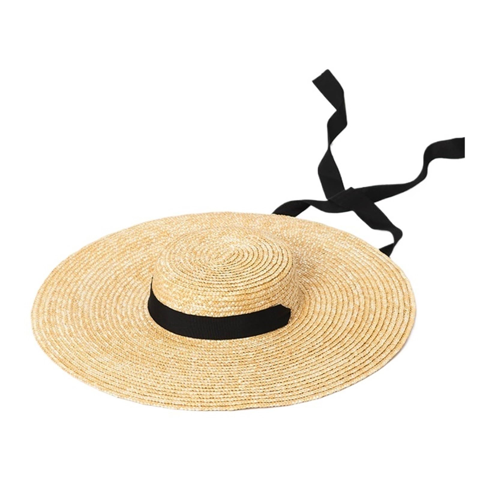 Fasksh Sombrero de playa con protector solar de verano, elegante y natural, 18 cm, sombrero de paja grande, sombrero de ala ancha, sombrero de mujer, sombrero de cinta para niña