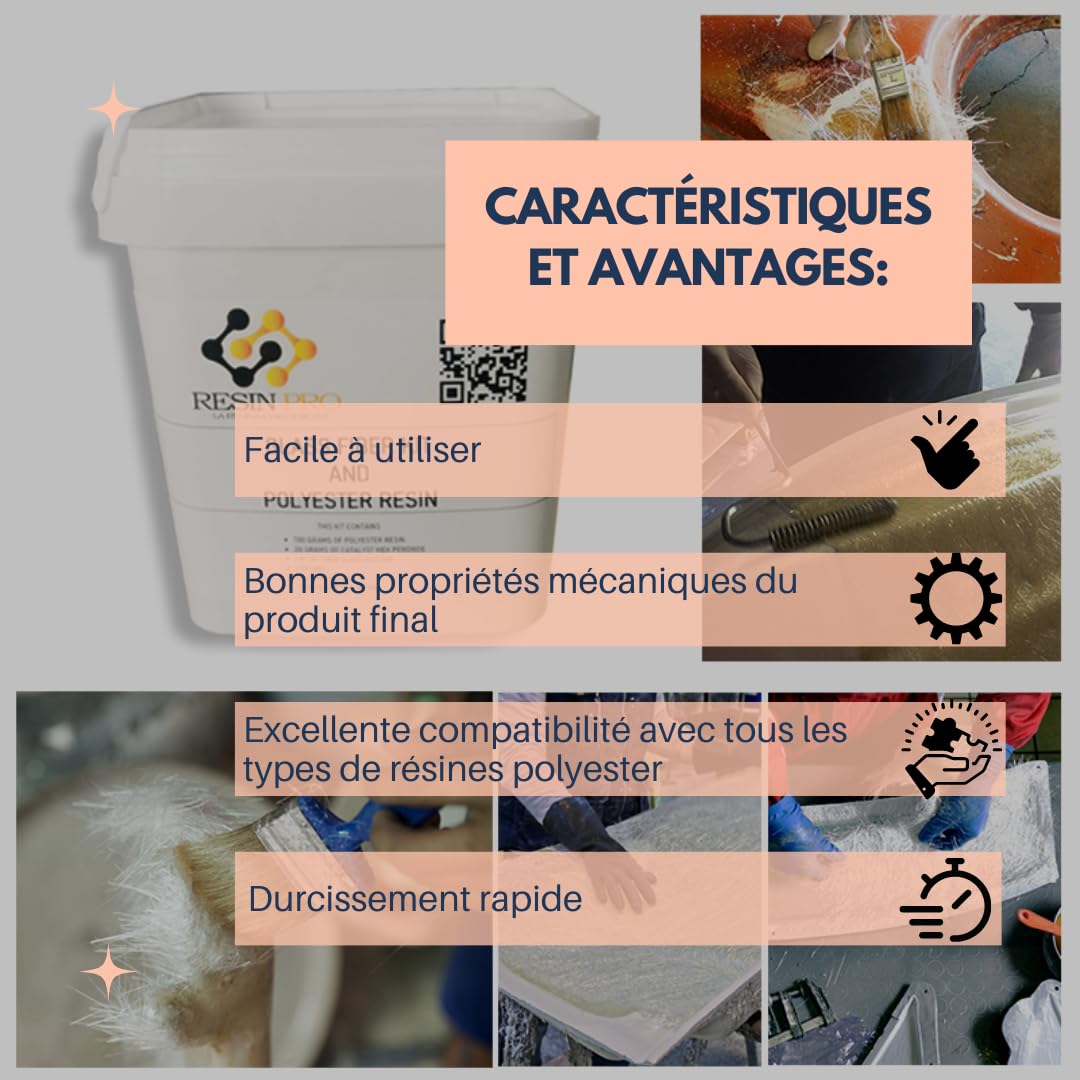Resin Pro - 700 GR Kit de Réparation Résine Polyester + Fibre de Verre 1M2 MAT 300g/m2 - Rapide, Simple et Durable, Matériau de Renforcement, Résine Polyester Orthophtalique