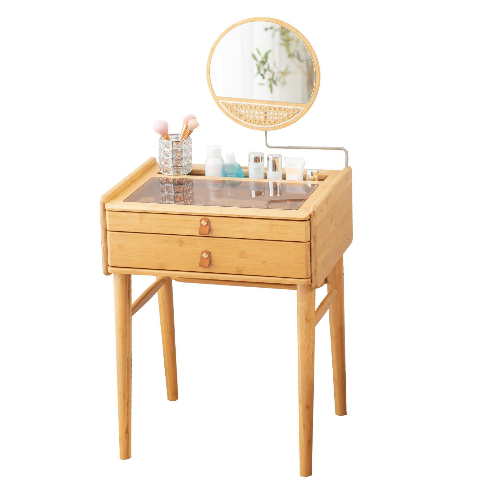 Escritorio de tocador, mesa de tocador de maquillaje con espejo, tocador con 2 cajones, moderna madera para dormitorio, tocador vintage para mujeres y niñas 9
