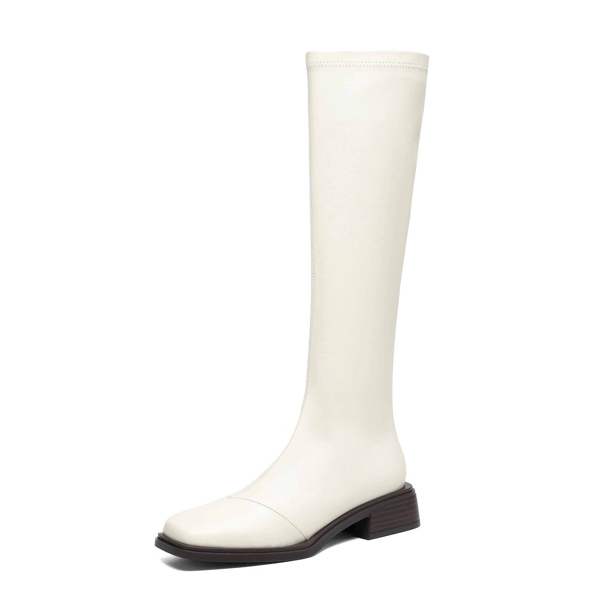 Womens Stretch Knee High Boots Square Toe Sock Boot with Low Block Heel Faux Leather Side Zipper Second-Skin