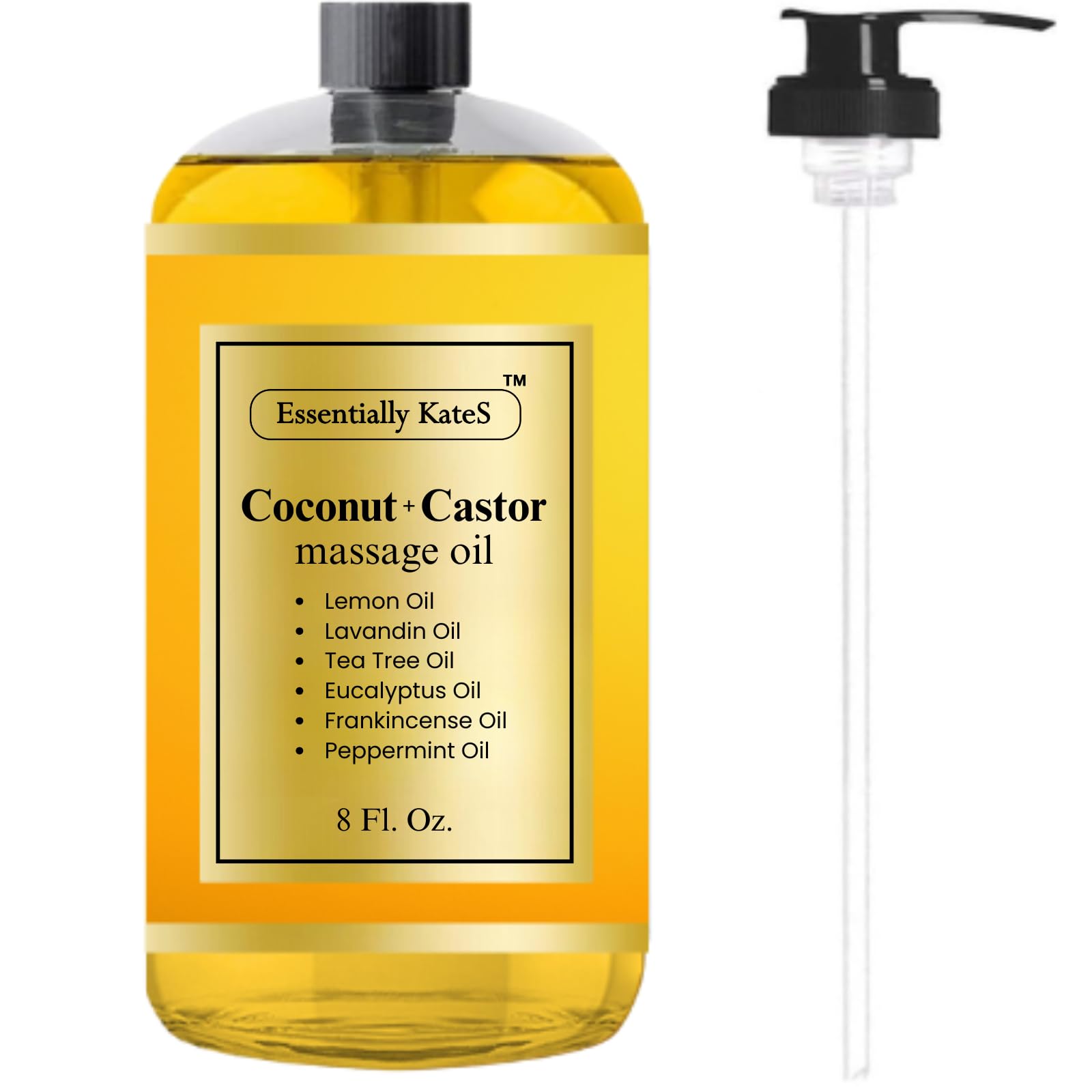 Essentially KateS Coconut + Castor Massage Oil 8 Fl Oz - Multi-Purpose Moisturizer - Infused with 100% Pure Essential Oils - Skin Care, Body Massage, Hair Care, &amp; Nail Care