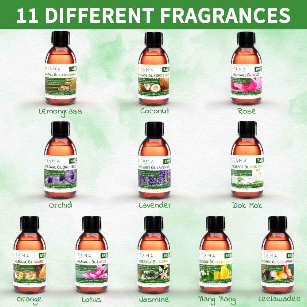 Kitama Massageöl Neutral 2x10L Duftlos + Aromaöl Zitronengras 250ml | Geruchsloses & hypoallergenes Massageöl ohne Parfum für Allergiker. Set inkl. 250ml Aroma-Öl für Thaimassage & Physio