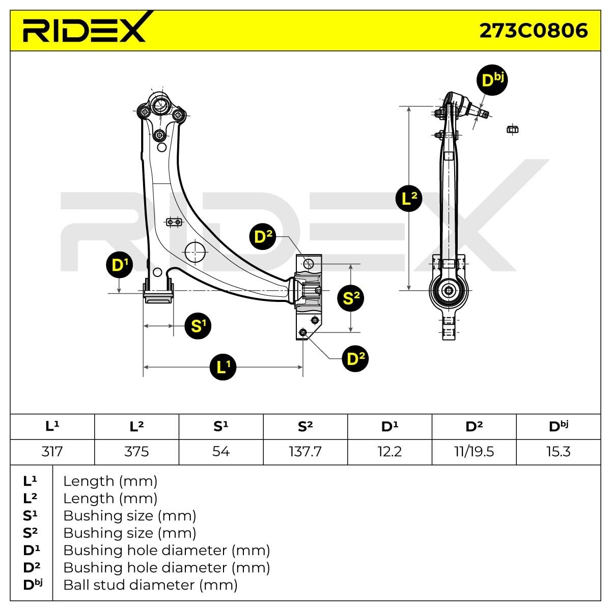 RIDEX 273C0806 Barra oscilante de suspensión de ruedas Delantero Derecha con rótula de suspensión/carga con tuerca Compatible con VW Passat B7 Variant 365