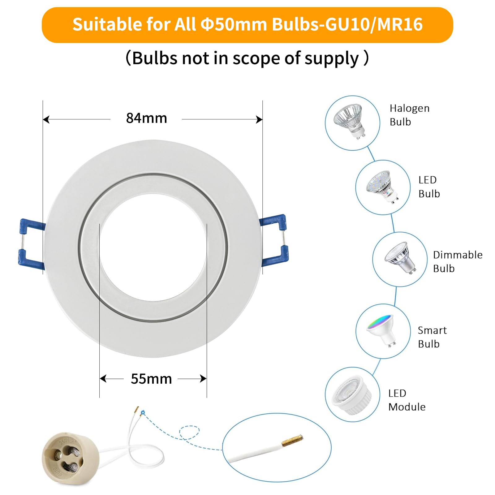 GeyouLux 6 x reflektor LED do zabudowy, 230 V, IP44, oprawka z gniazdem GU10, aluminiowa, biała, okrągła, płaska, okrągła, do łazienki, 68 mm, do użytku na zewnątrz i wewnątrz