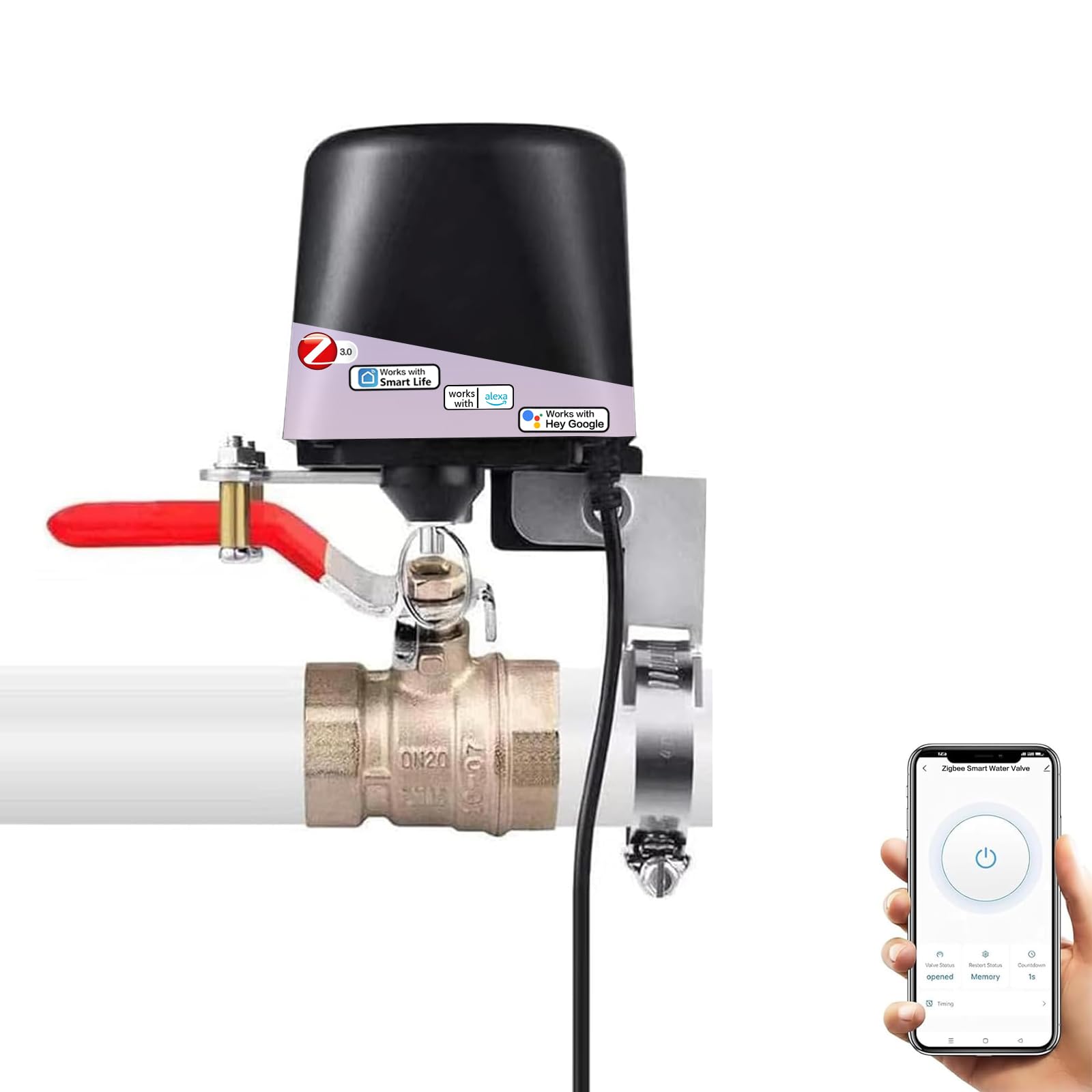 UseeLink Inteligentny zawór wodny, zawór Zigbee, automatyczny zegar nawadniania zaworu kulowego, kompatybilny z Alexa i Google, do użytkowania wymagany jest hub Zigbee.