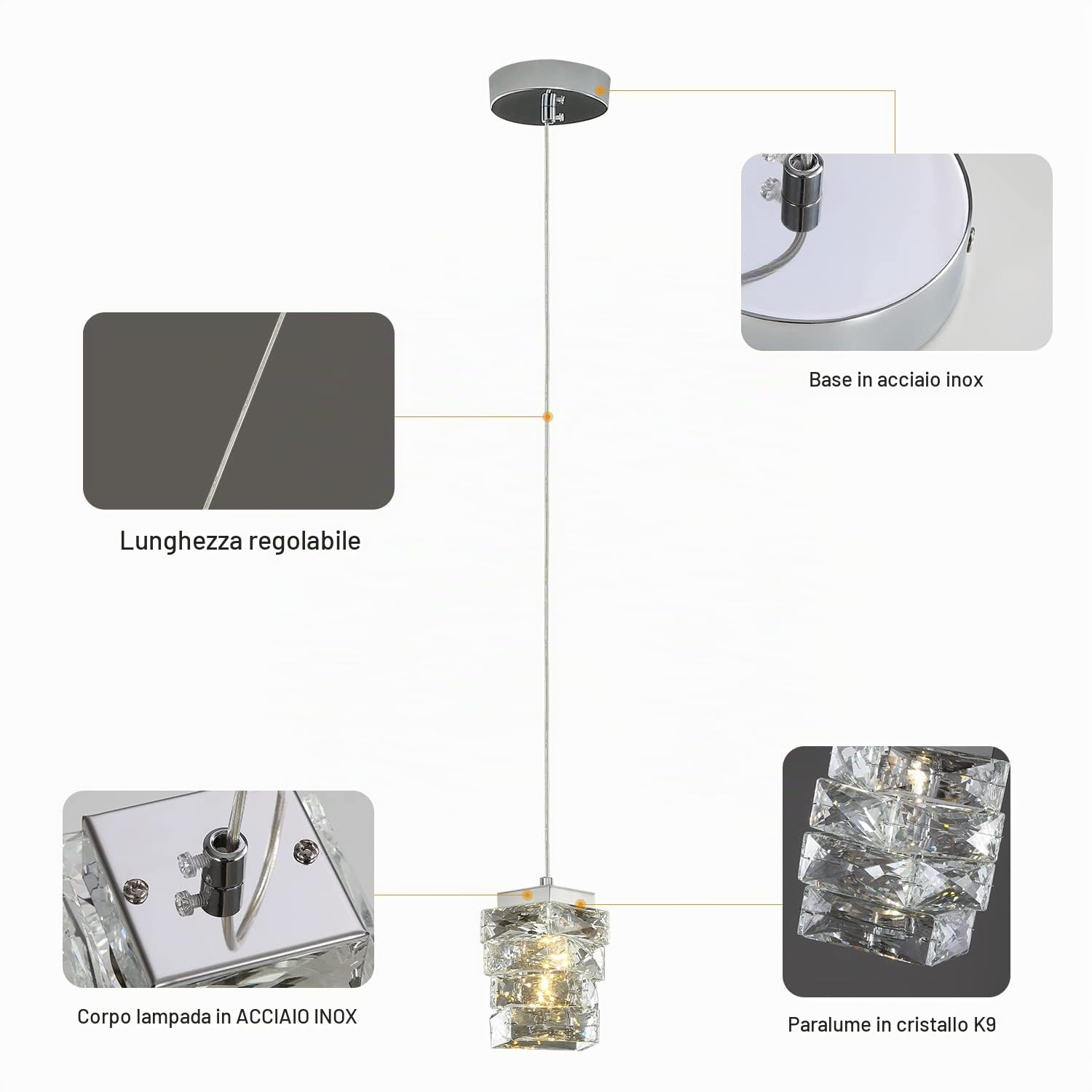 Moderna Lampada A Sospensione In Cristallo, 3 Colori Lampada A Sospensione A LED, Altezza Regolabile, Per Camera Da Letto Isola Della Cucina Sala Da Pranzo Corridoio (Argento)