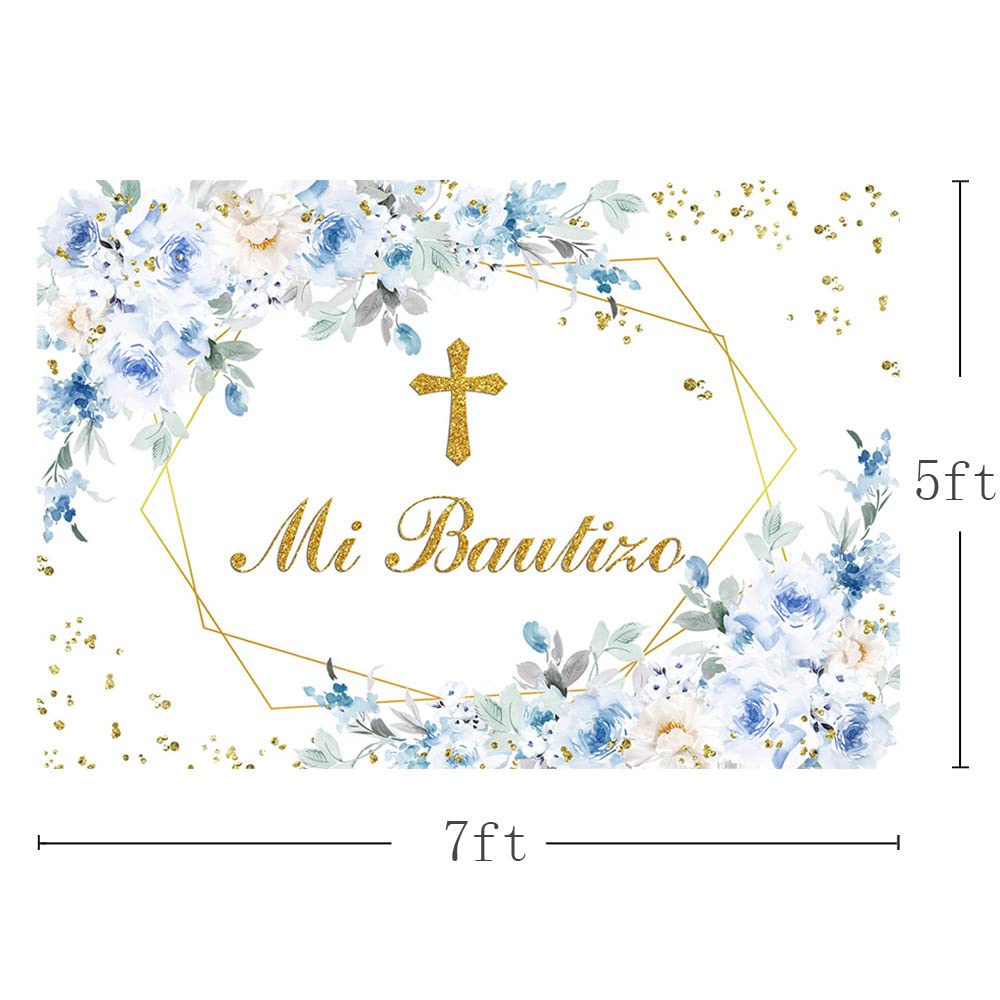 Fondale Fotografico Per Prima Comunione Ragazzo, 210x150 Cm, Tessuto In Poliestere Con Tema Religioso: Calice, Colomba, Fiori Azzurri E Pizzo. Per Feste E Battesimi.