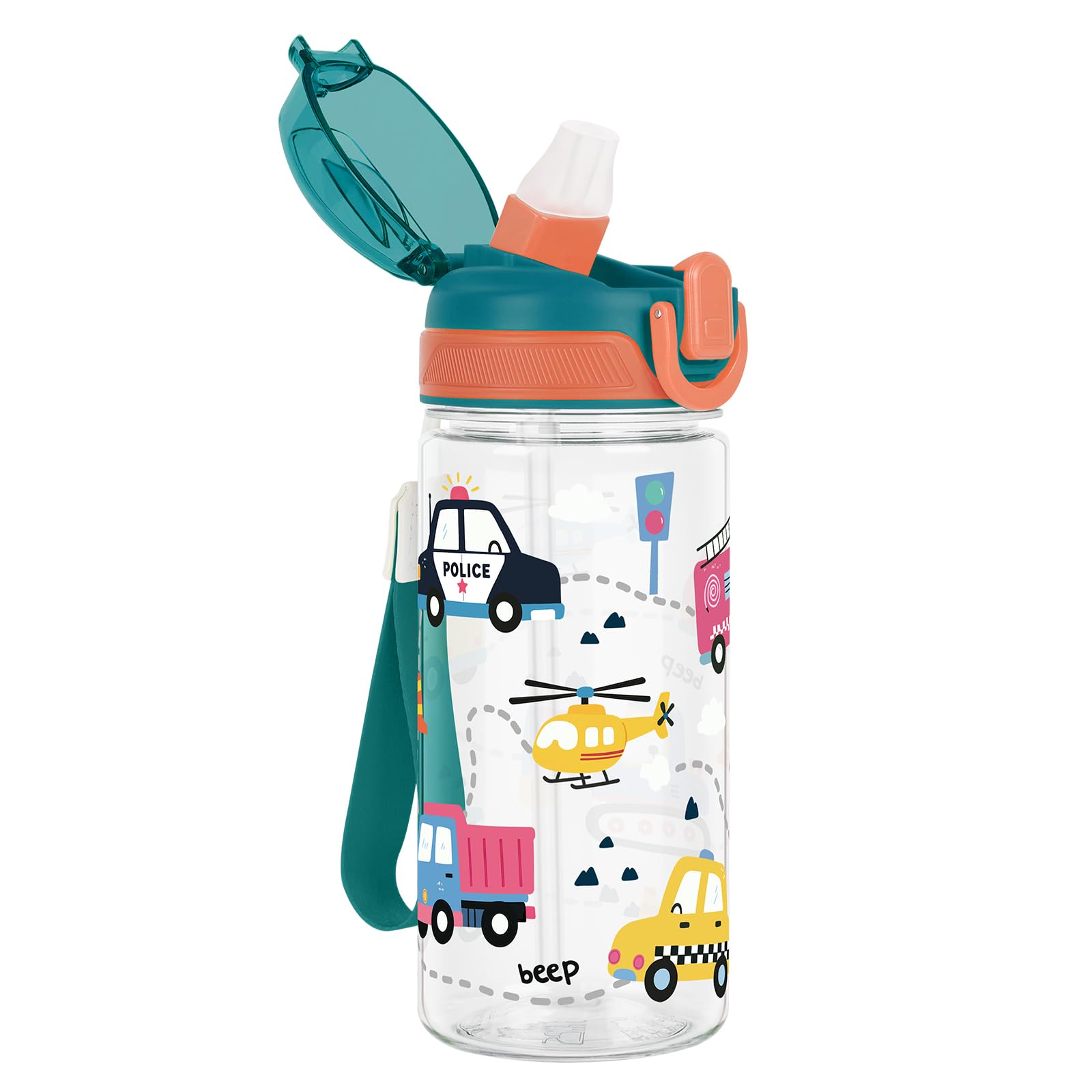 Kids Water Bottles with Straw for Girls & Boys Tritan, 480ML - Vehicle